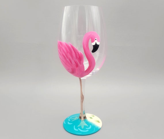 Pink Flamingo Wine Glass - Hand Painted - Personalized - Tropical, Summer, Stemmed Wine Glass