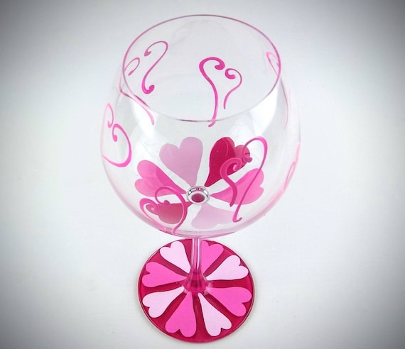 Valentine wine glass - Pink Hearts - Hand Painted Heart Glasses - Gift for Her - Anniversary, Valentine's Day, Birthday