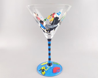 Salsa Dancers Themed Martini Glass - Hand Painted - Piano, Couples Dancing, Shoes, Fans, Colorful