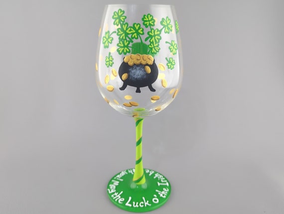 Luck of the Irish Themed Wine Glass - Hand Painted - Pot of Gold, Leprechaun Hat, Clovers - Stemmed Glass