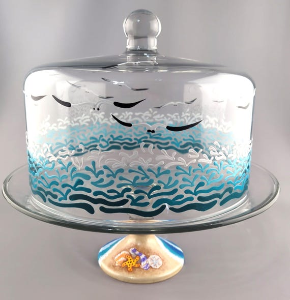 Beach Themed Glass Cake Platter with Dome - Hand Painted - Tropical, Summer, Waves, Seagulls, Sand, Shells