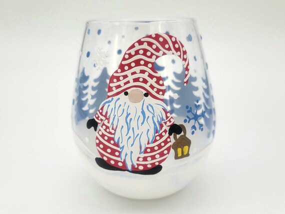 Christmas Gnome Hand Painted Wine Glass - Pine Trees, Snow, Holiday - Stemmed or Stemless