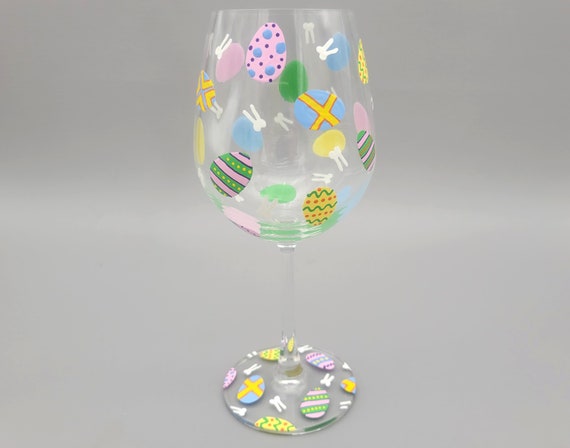 Easter Eggs Stemmed Wine Glass - Hand Painted - Fun Decorated Eggs with White Bunny head and Ears Silhouettes