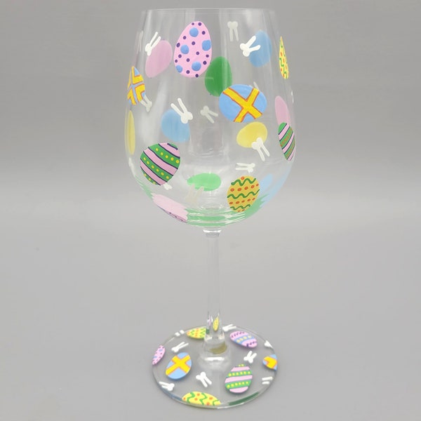 Easter Eggs Stemmed Wine Glass - Hand Painted - Fun Decorated Eggs with White Bunny head and Ears Silhouettes