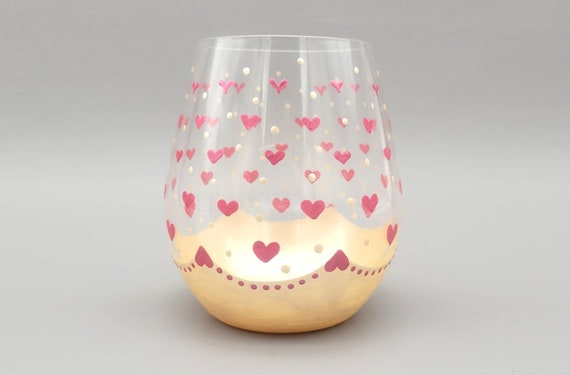 Cherry Red & Champagne Hearts Stemless Wine glass - Metallic - Gift for Her - Anniversary, Valentine's Day, Birthday