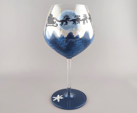 Santa's Sleigh on a Starry Night - Hand Painted Stemmed Wine Glass - Reindeer, Pine Trees, Christmas Theme