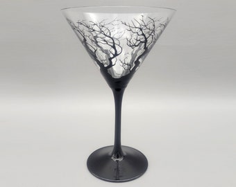 Spooky Halloween Tree Martini Glass - Cocktail Glass - Hand Painted - Gothic - Hands, Branches