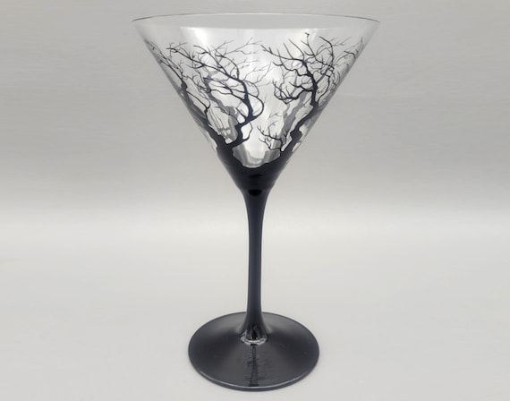 Spooky Halloween Tree Martini Glass - Cocktail Glass - Hand Painted - Gothic - Hands, Branches