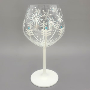 Snowflake Theme Hand Painted Wine Glass - Sparkly Snowflakes - Winter Snow - Stemmed Wine Glass