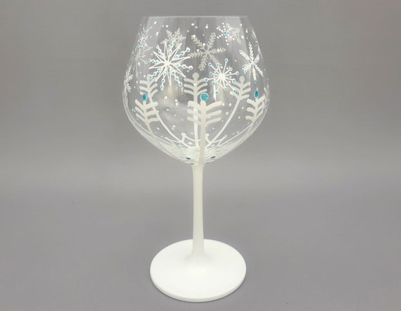 Snowflake Theme Hand Painted Wine Glass - Sparkly Snowflakes - Winter Snow - Stemmed Wine Glass