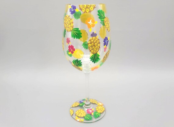 Pineapple Themed Wine Glass - Hand Painted - Stemmed - Tropical Flowers, Summer