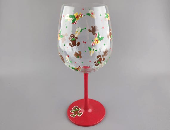 Christmas Gingerbread Cookie Hand Painted Wine Glass - Festive Candy Cane, Holly - Stemmed - Personalized