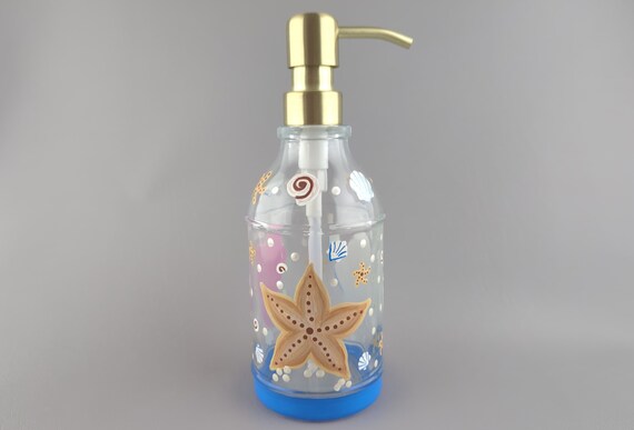 Beach Shells Themed Glass Soap or Lotion Dispenser - Starfish, Shell, Conch - Bathroom or Kitchen Decor - Hand Painted