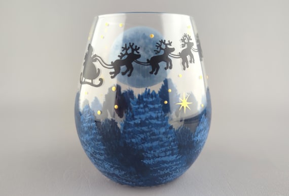 Santa's Sleigh Hand Painted Stemless Wine Glass - Pine Forest - Starry Night - Reindeer in Sky - Christmas