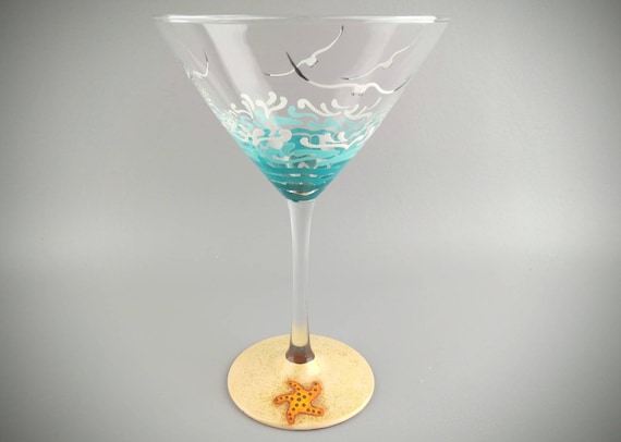 Beach Martini Glass - Hand Painted - Tropical, Ocean, Summer, Starfish, Shell, Seagulls, Seahorse, Mermaid, Sea Turtle