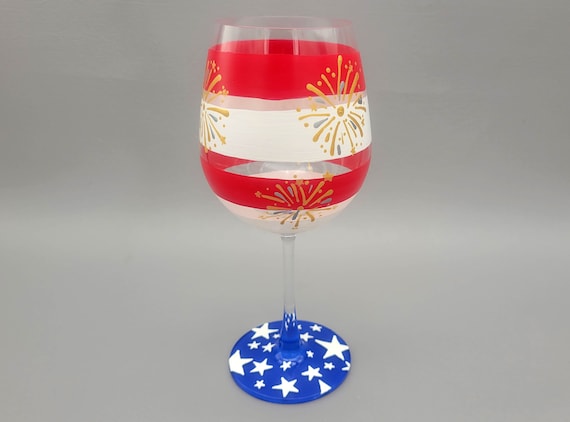 Patriotic Wine Glass - Hand Painted - Stars, Stripes, Fireworks - 4th of July - Independence Day - Memorial Day - United States