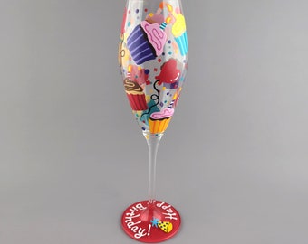 Happy Birthday Themed Champagne Glass - Hand Painted - Cupcakes, Confetti, Balloons, Hearts