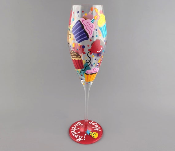 Happy Birthday Themed Champagne Glass - Hand Painted - Cupcakes, Confetti, Balloons, Hearts