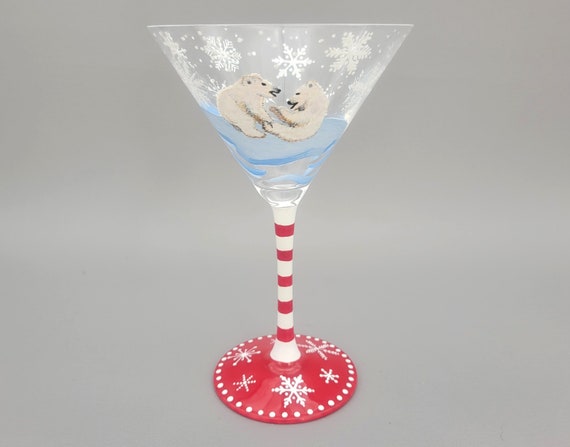 Polar Bear Themed Martini Glass - Cubs Playing - Christmas, Snowflakes, Winter - Hand Painted