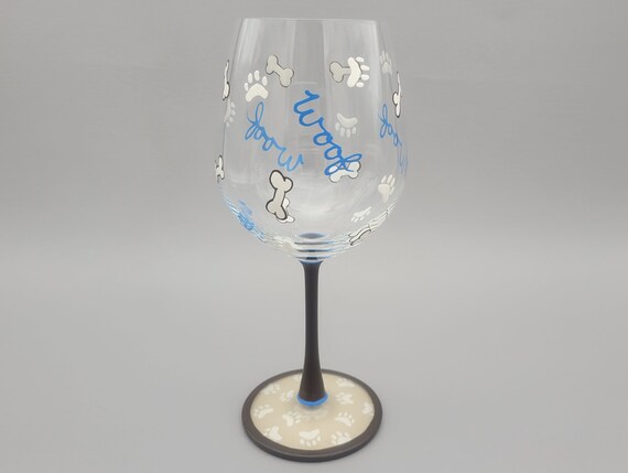Woof Dog Hand Painted Wine Glass, Dog Bone, Paw Prints, Doggie Love Stemmed Glass, Personalized Wine Gift, Blue, Brown, Dog Lover