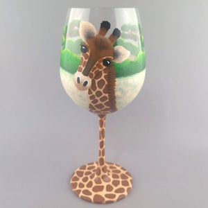 Giraffe Hand Painted Wine Glass - African Safari, Wild Animal - Beautiful Acacia, Savanna, Trees - Stemmed Glass