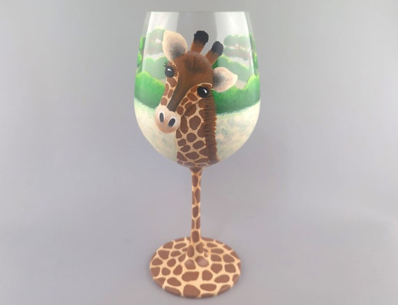 Giraffe Hand Painted Wine Glass - African Safari, Wild Animal - Beautiful Acacia, Savanna, Trees - Stemmed Glass