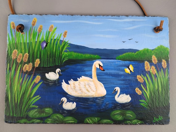 Swans Swimming on Lake - Hand Painted Slate - Hanging Picture Sign - Indoor or Outdoor