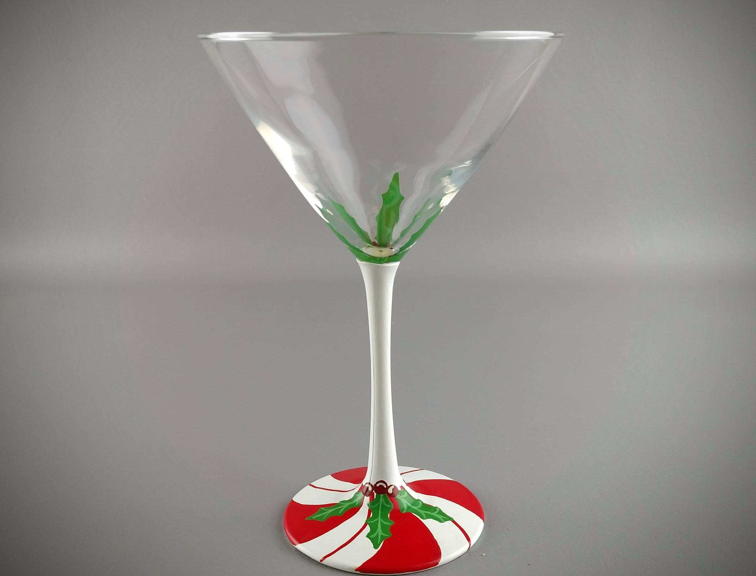 Christmas Candy Cane Martini Glass - Hand Painted - Seasonal, Snow, Holly  Berries - Cocktail Glass