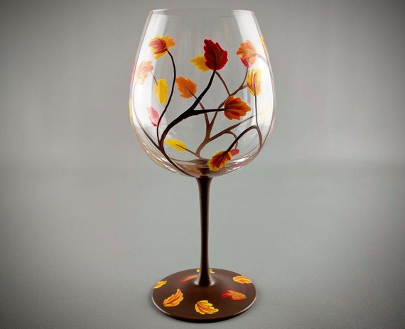 Autumn Leaf Wine Glass - Fall Leaves - Hand Painted - Stemmed - Red, Yellow, Orange - Thanksgiving - Red Wine
