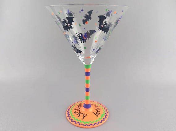 Halloween Fun Bats & Spiders Martini Glass - Hand Painted