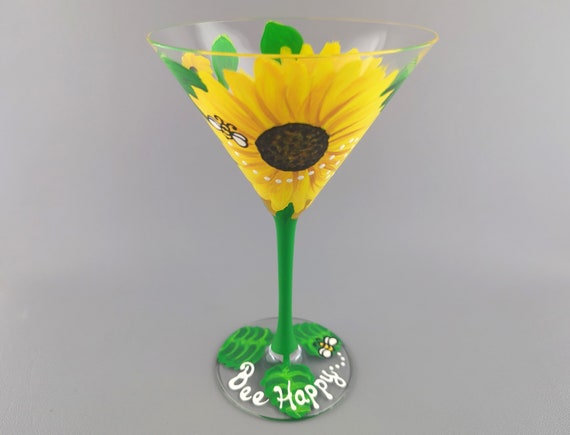 Hand Painted Sunflower Martini Glass - Bumble Bee - Bee Happy - Yellow Flowers - Unique Cocktail Gift Idea