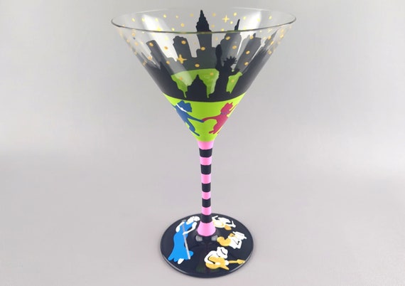 NY City Night Life Themed Martini Glass - Hand Painted - Skyline, Musicians, Cats Dancing