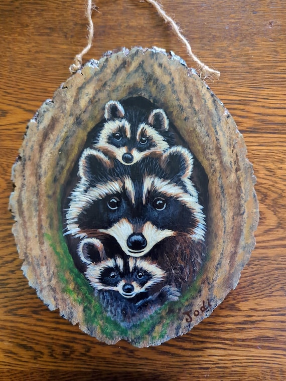 The Watching Place – Hand-Painted Raccoons on Wood | Original Woodland Art | Nature Wall Decor