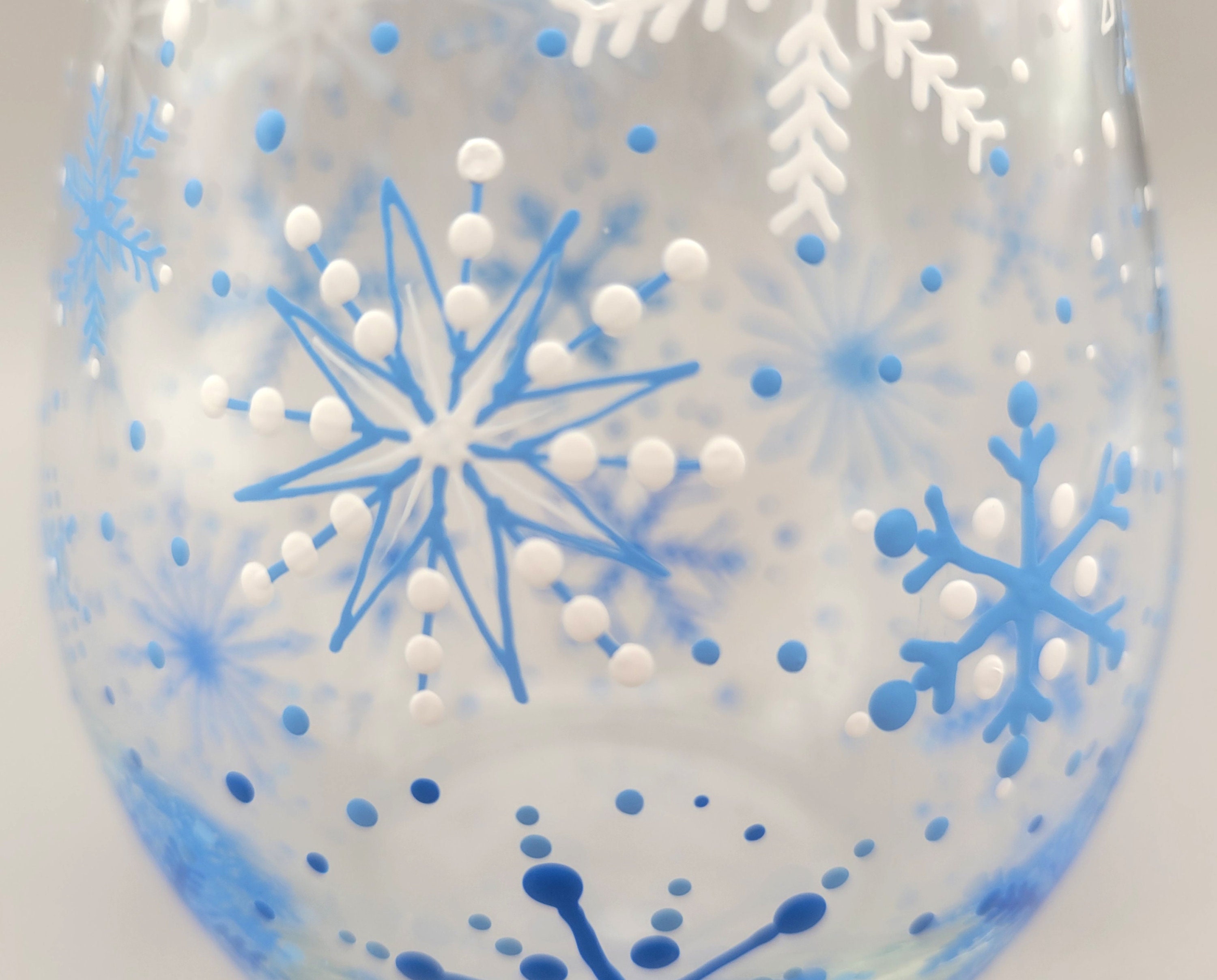 Snowflake Hand Painted Wine Glass Blue & White Snow Flakes Stemmed Pretty  Winter Wine Glass Seasonal Glasses 