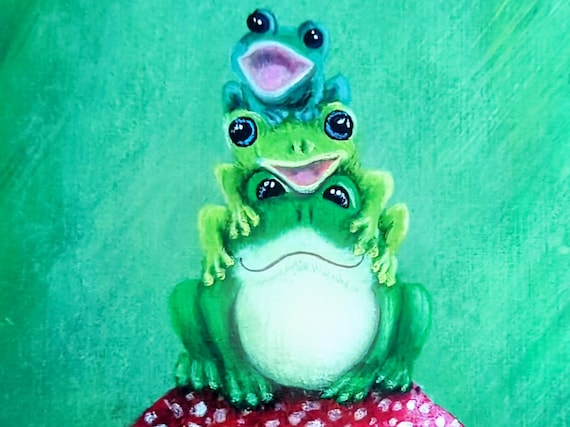 Frog Painting on Wood Panel, Whimsical Nature Wall Art, Cottage core Decor – “The Balancing Act”