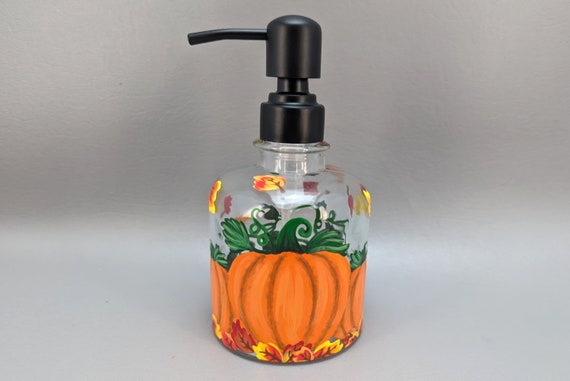 Fall Pumpkin Themed Glass Soap or Lotion Dispenser - Hand Painted - Colorful Pumpkins & Autumn Leaves - Bathroom or Kitchen Decor