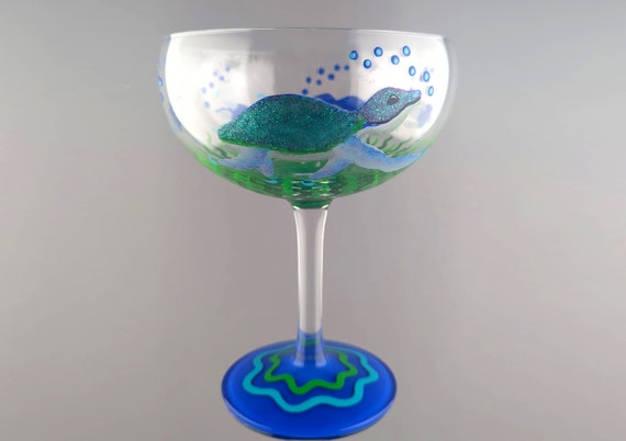 Sea Turtle Family Margarita Glass - Tropical - Hand Painted - Momma Turtle & Babies, Underwater