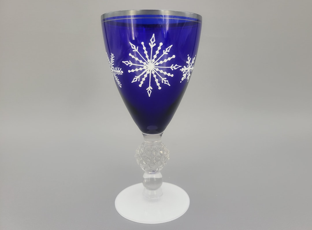Cobalt Blue Snowflake Hand Painted Vintage Wine Glass Snow Flakes