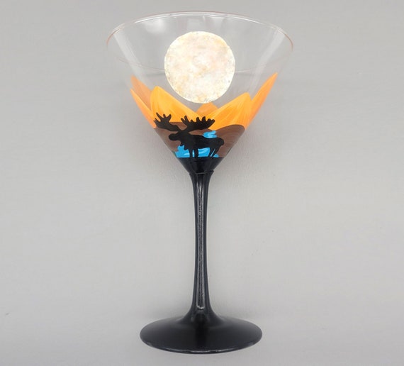 Moose Scene Martini Glass Hand Painted Mountains, River, Moon