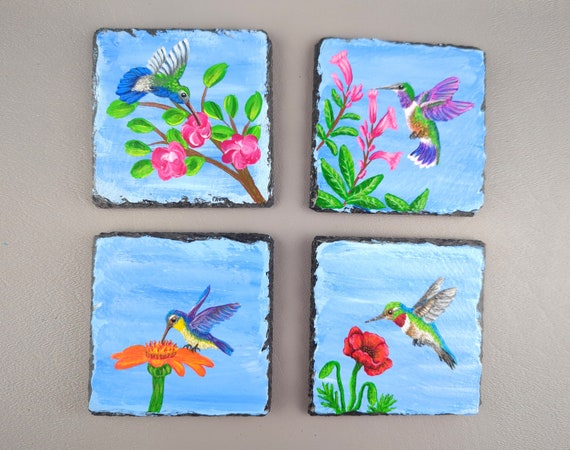 Set of Four Humming Bird Themed Slate Coasters - Painted by Hand - Coaster Holder (Caddy) Available - Nature Decor