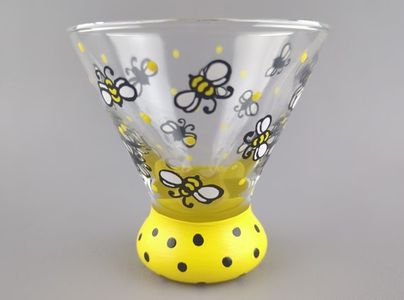 Bumble Bee Martini Glass - Hand Painted - Bumble Bees, Yellow and Black - Stemless Cocktail Glass