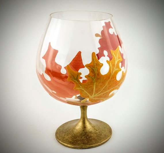 Fall Leaf Brandy Glass - Hand Painted Autumn Cognac Glass - Colorful Leaves Cocktail Glass