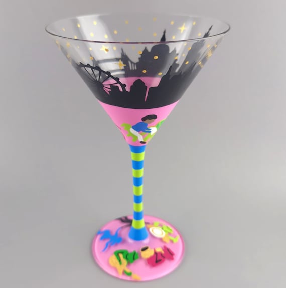 London Night Life Themed Martini Glass - Hand Painted - Skyline, Musicians, Dancing