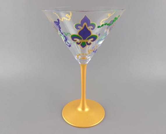 Mardi Gras Martini Glass - Crown, Beads, Fleur De Lis - Hand Painted
