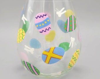 Easter Eggs Stemless Wine Glass - Fun Decorated Eggs - Hand Painted - Bunny Head Silhouettes - 18 oz