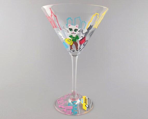 Kitties in the City! Martini Glass - Hand Painted - Shopping, Taxi, Skyline - Cocktail Glass