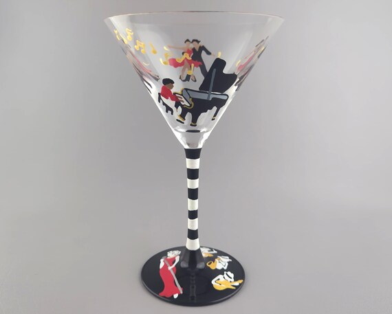 Female Singer & Jazz Band Martini Glass - Hand Painted - Piano, Saxophone, Drums, Music, Dancing