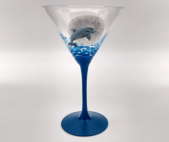 Dolphin Martini Glass - Hand Painted - Dolphin Jumping with Large Moon - Waves, Ocean