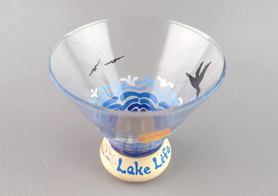 Lake Life Stemless Cocktail Glass - Martini, Wine, Cocktail - Summer, Waves, Loon, Sand, Anchor