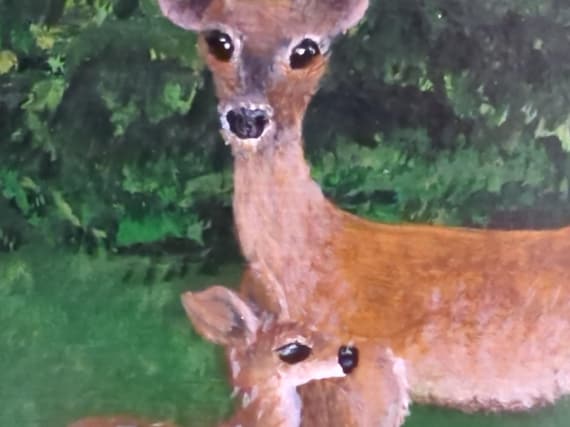 Deer Family Painting on Wood Panel, Woodland Animal Wall Art, Nature Decor